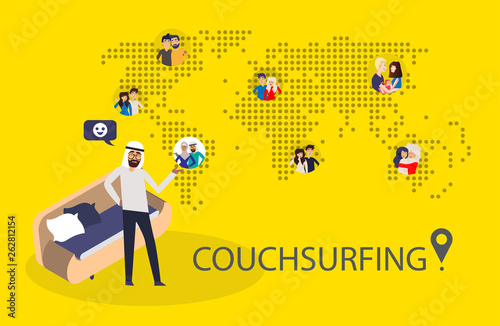 Design concept of couchsurfing with dotted world map, arabian man and different characters people and background for website and mobile website. Vector illustration.
