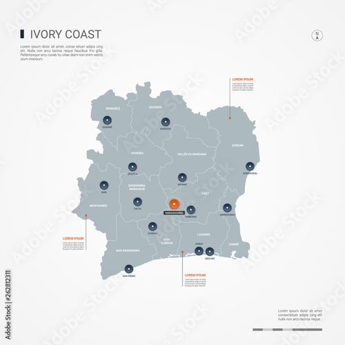 Ivory Coast map with borders, cities, capital and administrative divisions. Infographic vector map. Editable layers clearly labeled.