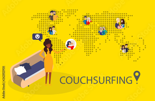 Design concept of couchsurfing with dotted world map, black woman and  different characters people and background for website and mobile website. Vector illustration.