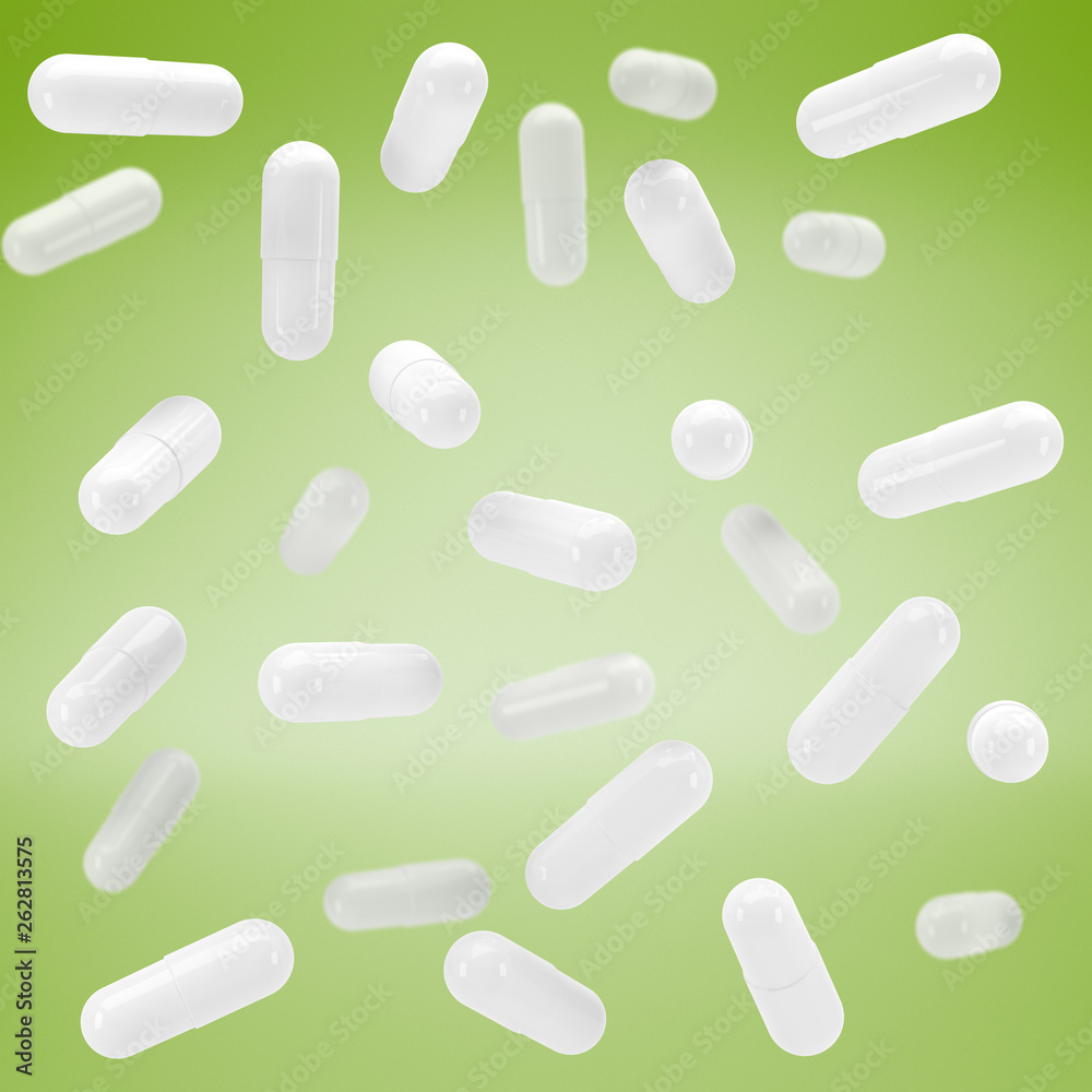 3D White capsule vitamins. White pills in flight. 3d render. 3D image. 3D model 3D White capsule vitamins. White pills in flight. 3d render. 3D image. 3D model