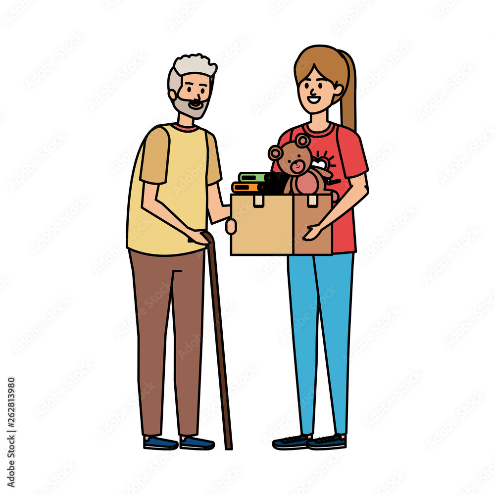 woman volunteer giving a old man donations box woman volunteer giving a old man donations box