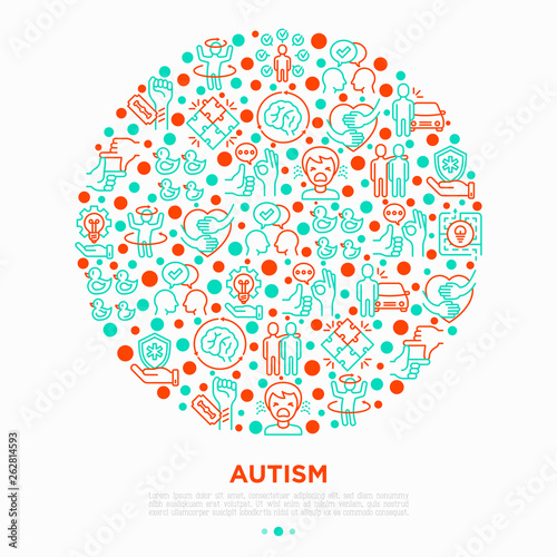 Autism concept in circle, symptoms and adaptive skills thin line icons: repetitive behavior, stereotypy, ignoring of danger, autoaggression, hysterics, social interaction. Modern vector illustration.
