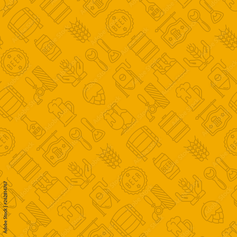 Craft beer seamless pattern with thin line icons related to Octoberfest: beer pack, hop, wheat, bottle opener, manufacturing, brewing, tulip glass, mag with foam, can. Modern vector illustration. Craft beer seamless pattern with thin line icons related to Octoberfest: beer pack, hop, wheat, bottle opener, manufacturing, brewing, tulip glass, mag with foam, can. Modern vector illustration.