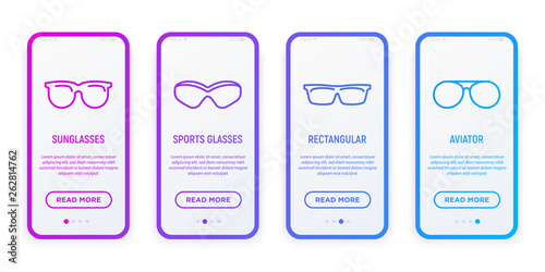 Eyeglasses thin line icons set: sunglasses, sport glasses, rectangular, aviator. Optic online shop. Modern vector illustration for user mobile interface.