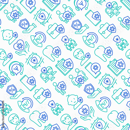 Medical insurance seamless pattern with thin line icons: policy, life insurance, psychological support, maternity program, 24/7 support, mobile app, telemedicine. Modern vector illustration.