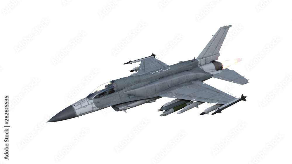 Fighter jet plane in flight, military aircraft, army airplane isolated on white background, 3D rendering Fighter jet plane in flight, military aircraft, army airplane isolated on white background, 3D rendering