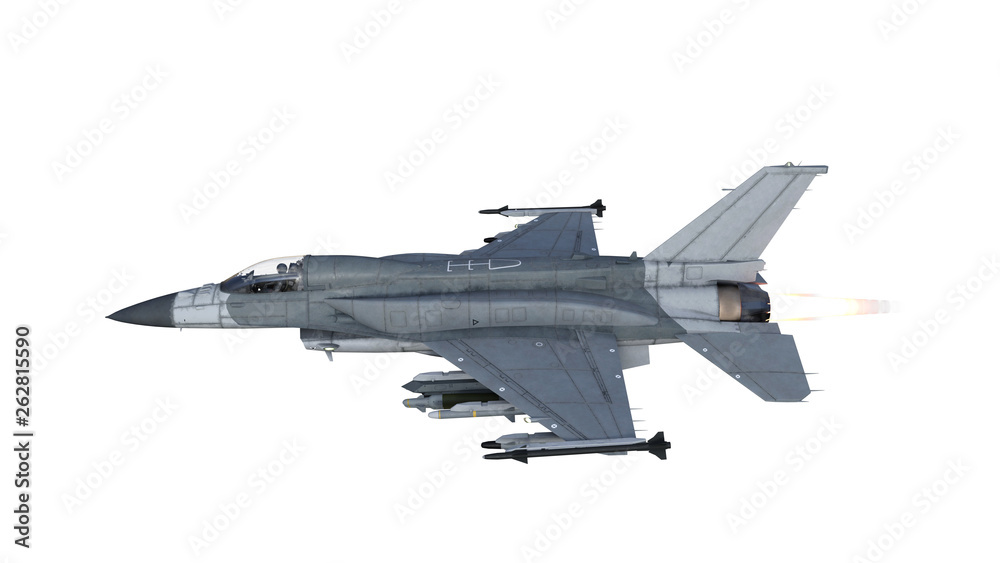 Fighter jet plane in flight, military aircraft, army airplane isolated on white background, side view, 3D rendering Fighter jet plane in flight, military aircraft, army airplane isolated on white background, side view, 3D rendering