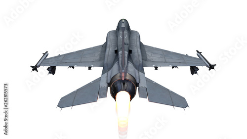 Fighter jet plane in flight, military aircraft, army airplane isolated on white background, rear top view, 3D rendering