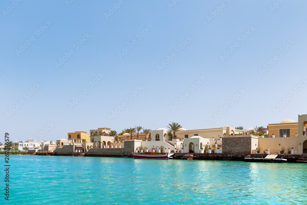 Bungalows and villas near the water in El Gouna town, Egypt.