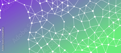 Abstrakt verbundene Punkte auf mehrfarbigem Hintergrund, technisch abstrakter Hintergrund. Technologiekonzept, LowPoly, Polygone, Dreiecke, Netzwerk, Soziales Netzwerk, IOT, Internet