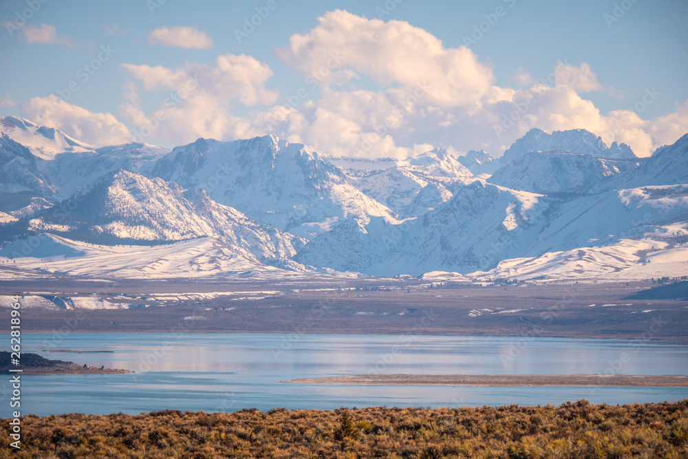 Aerial view over Mono lake - a saline soda lake in Mono County - travel photography