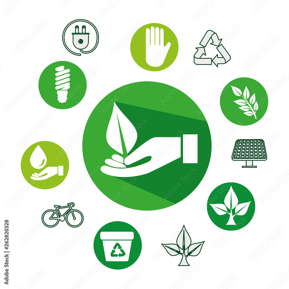 hand with ecology leafs and icons hand with ecology leafs and icons