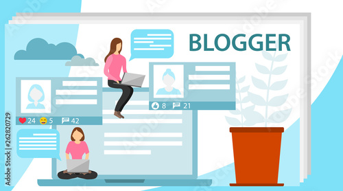 Blogger. The concept of a blogger. A female blogger is in social networking with a friend.