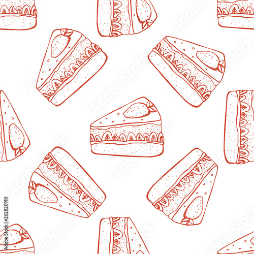 Hand drawn seamless pattern with strawberry cake