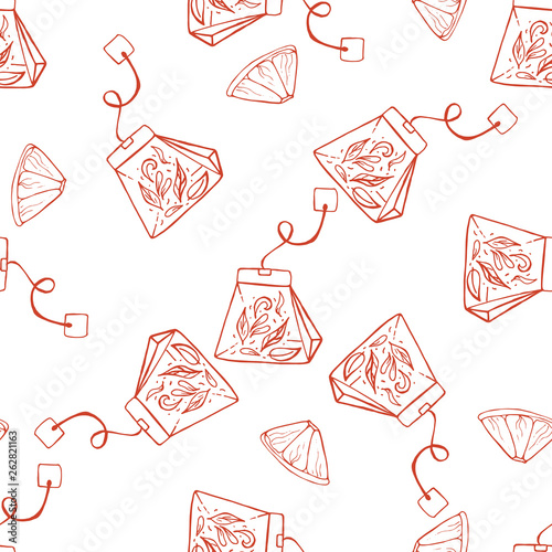 Hand drawn seamless pattern with tea and lemon