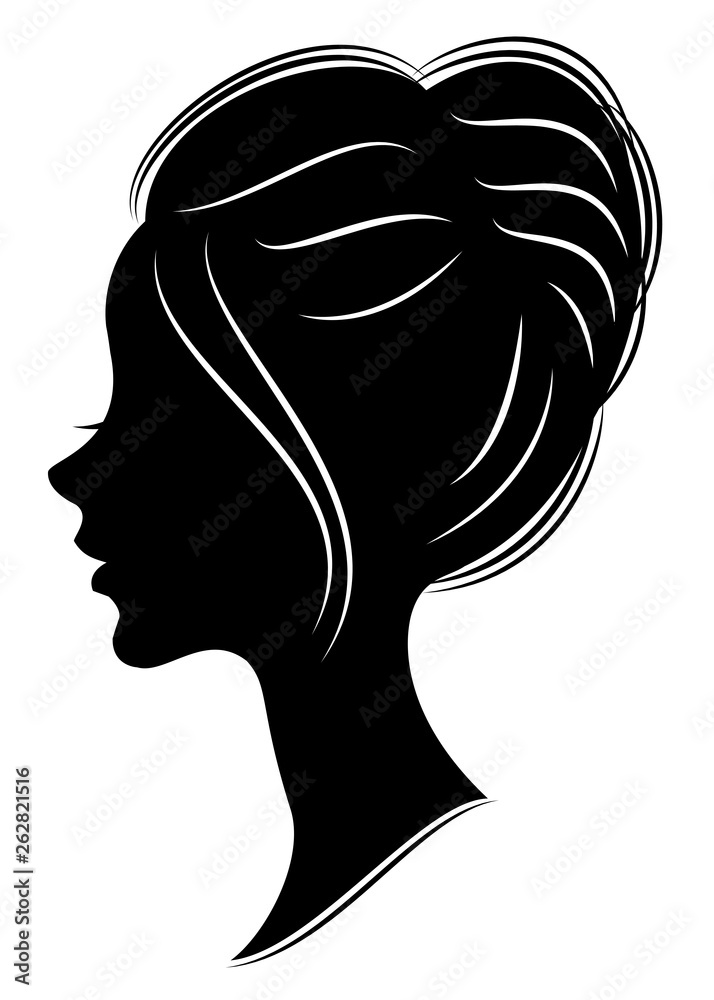 Silhouette of the head of a sweet lady. She shows a woman's hair on medium and long hair. Suitable for advertising, logo. Vector illustration. Silhouette of the head of a sweet lady. She shows a woman's hair on medium and long hair. Suitable for advertising, logo. Vector illustration.