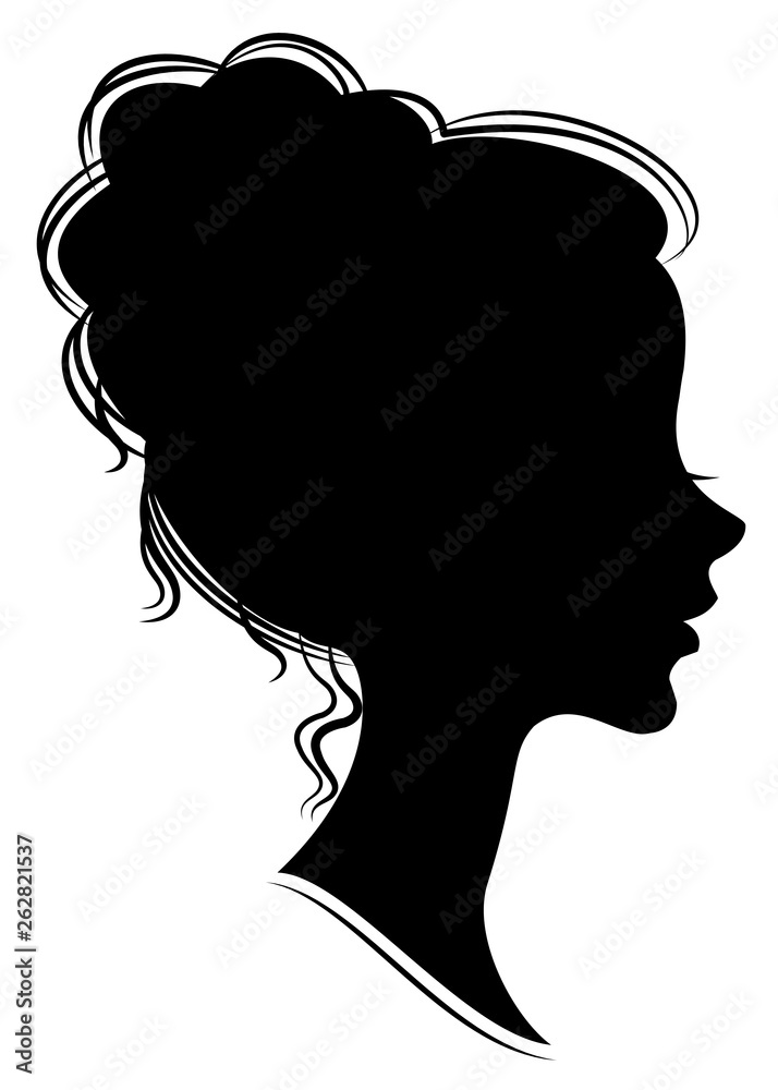 Silhouette of the head of a sweet lady. She shows a woman's hair on medium and long hair. Suitable for advertising, logo. Vector illustration.