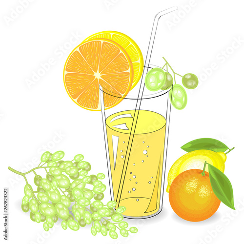 Delicious refreshing drink. In a glass of natural fruit juice, a piece of mandarin, lemon, orange, grapes. Vector illustration.