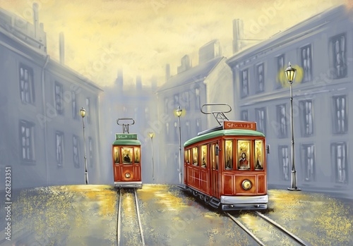 Digital oil paintings landscape, old tram in old city