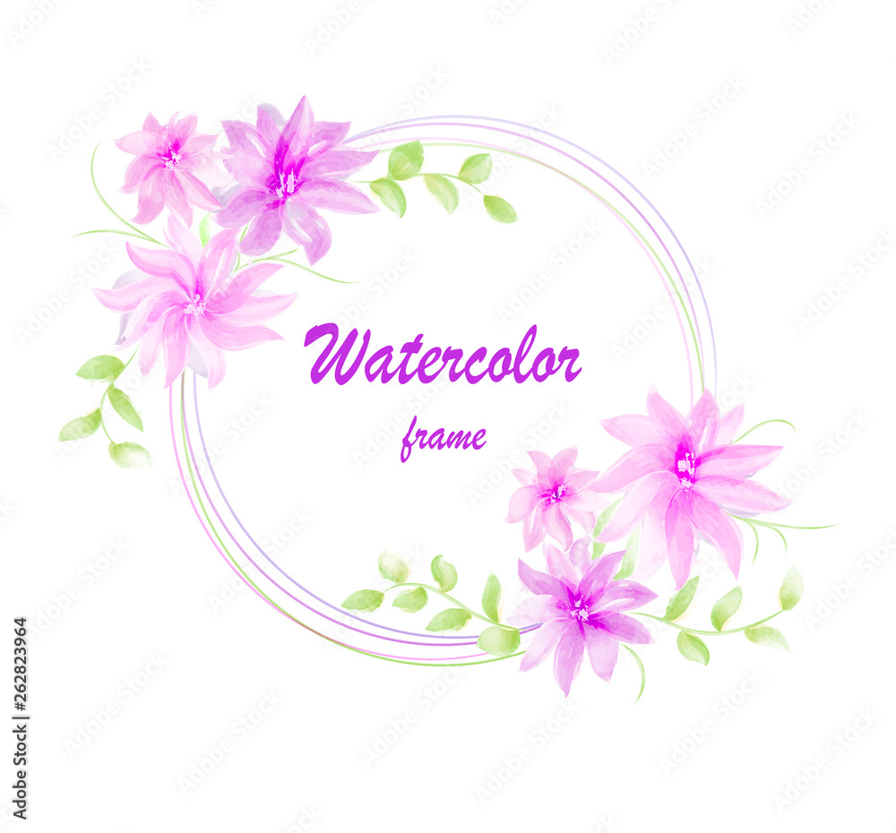 Card with watercolor flowers. Watercolor frame, invitation. Vector illustration.	