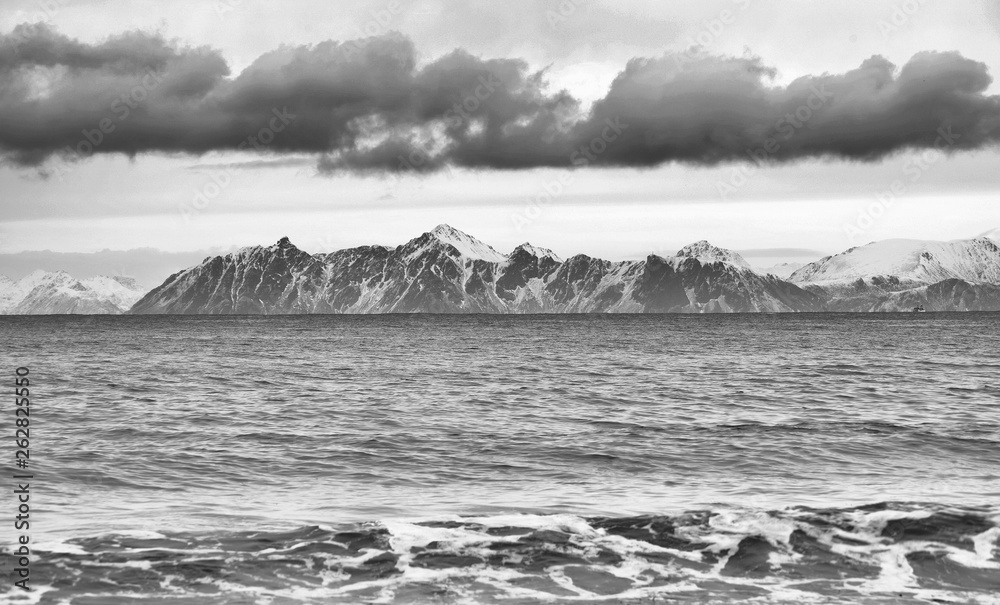 Winter harsh landscape in Lofoten Archipelago, Norway, Europe