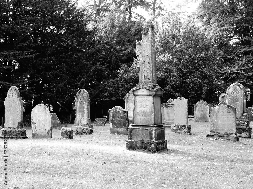 Fototapeta premium Mit Moos bewachsene alte Grabsteine auf einem schottischen Friedhof 