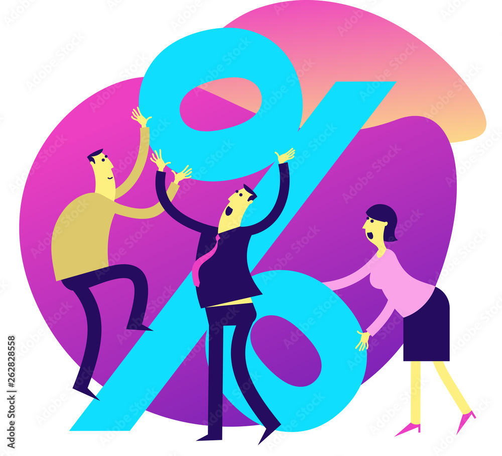 Flat design illustration for presentation, web, landing page: A team of men and women builds a big percent sign. Big discount on sale, big loan, high interest on bank deposits. Flat design illustration for presentation, web, landing page: A team of men and women builds a big percent sign. Big discount on sale, big loan, high interest on bank deposits.