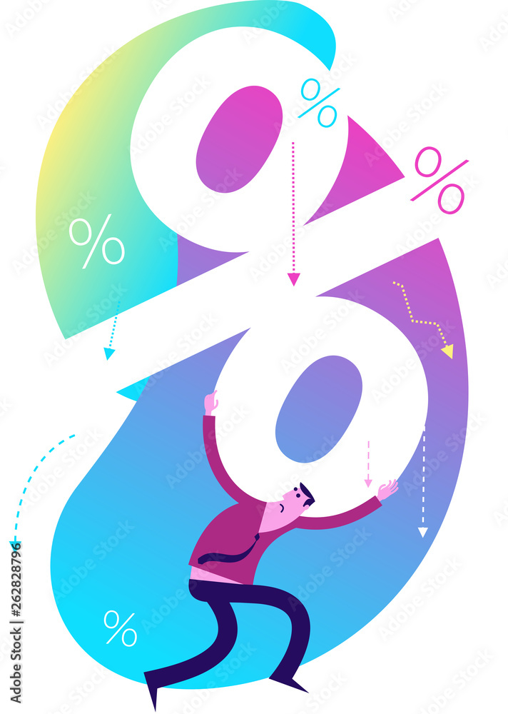 Naklejka premium Flat design illustration for presentation, web, landing page: A team of men and women builds a big percent sign. Big discount on sale, big loan, high interest on bank deposits.