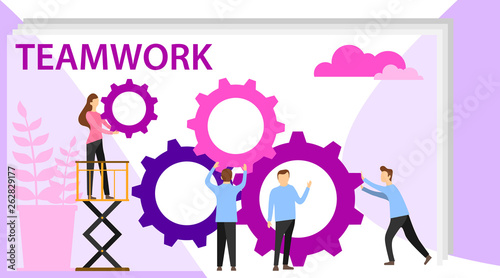 Business concept of vector illustration, little people links of mechanism. Characters of business people holding cogwheels. Business mechanism, abstract background with gears