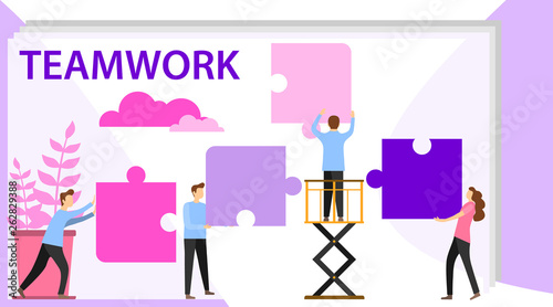 Business concept of vector illustration, little people links of mechanism. Characters of business people holding cogwheels. Business mechanism, abstract background with gears,