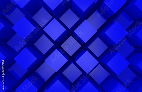 3d rendering. modern abstract random blue square cube box bar stack wall design art background.