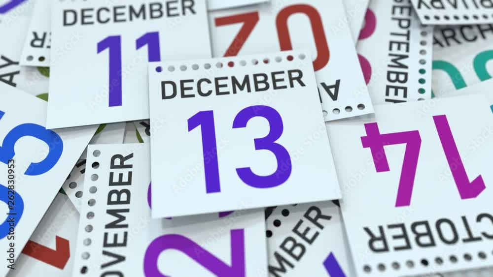 Calendar leaf with December 13 date, 3D animation