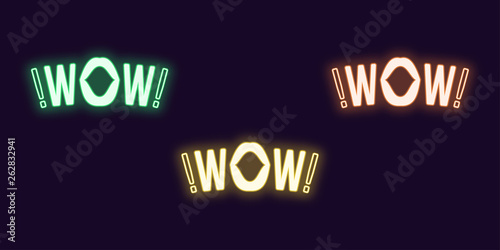 Neon icon set of Wow phrase. Vector glowing text