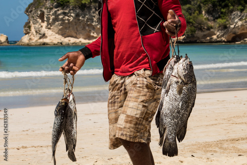 Photography Caribbean fisherman walking on a beach in the Dominican Republic, selling freshl fish, just caught