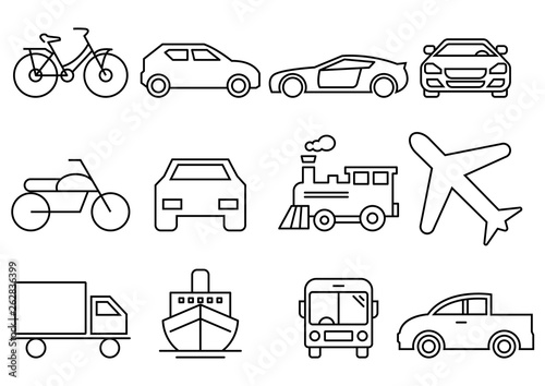 thin line icons set,transportation,Airplane,Car,Truck,Bus,Train,Bicycle,Car front,Motorcycle,Pickup truck,Boat,vector illustrations