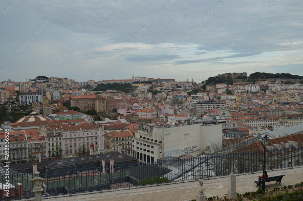 Panoramic Views Of The Alfama District Of Lisbon And The San Pedro De Alcantara Garden In Lisbon. Nature, architecture, history, street photography. April 11, 2014. Lisbon, Portugal.
