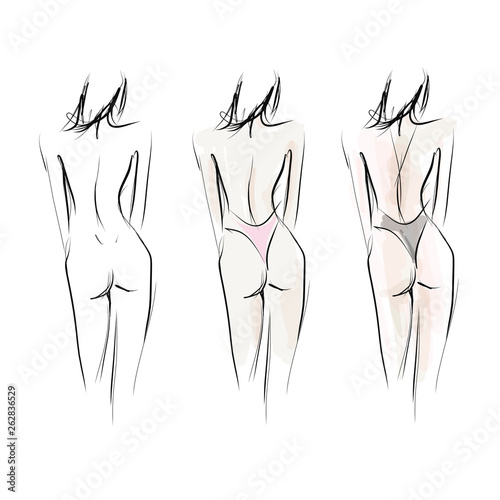 Slim female body, rear view. Hand drawn illustration, vector