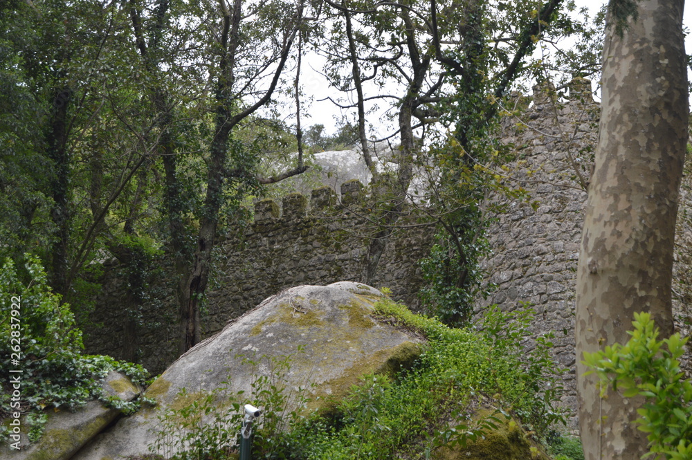 Walls Of The Castle Of The Moors, Medieval Castle Of XII Century With Views To The Sea In Sintra. Nature, architecture, history, street photography. April 13, 2014. Sintra, Lisbon, Portugal.