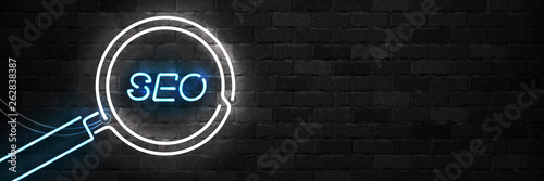 Vector realistic isolated neon sign of SEO flyer logo for template decoration on the wall background. Concept of Search Engine Optimization and keywords.