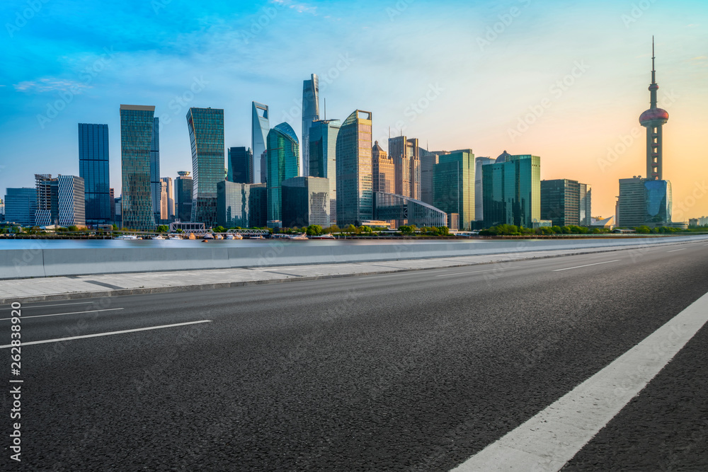Empty Asphalt Road Through Modern City of Shanghai, China.. Empty Asphalt Road Through Modern City of Shanghai, China..