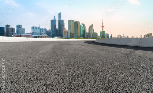 Empty Asphalt Road Through Modern City of Shanghai, China..