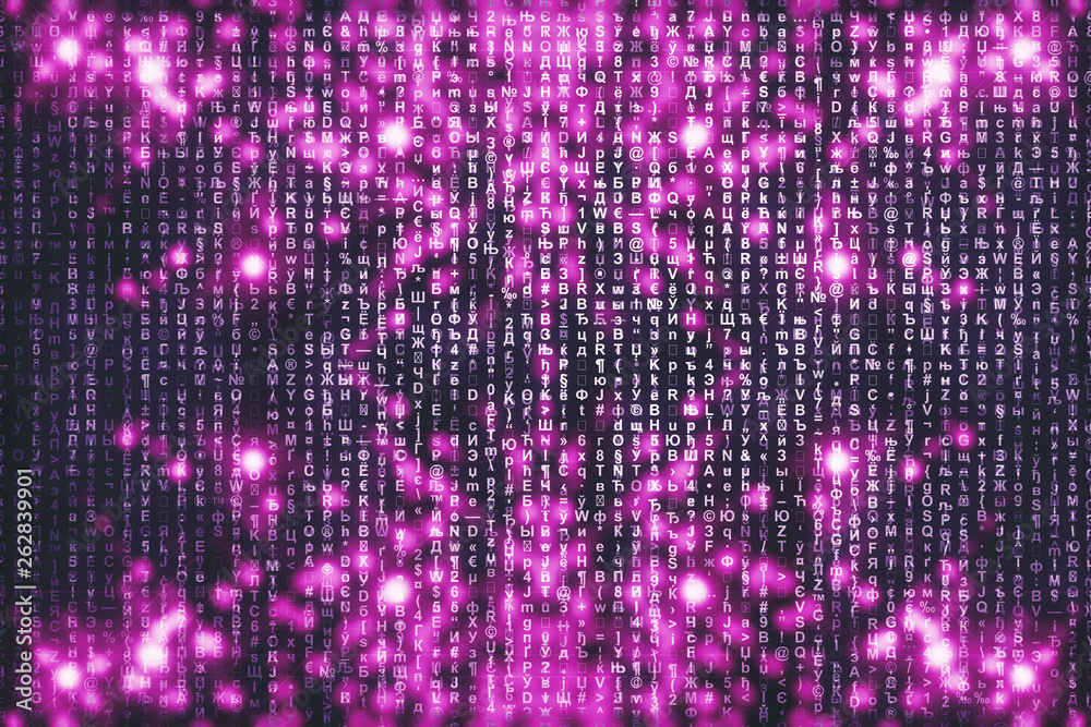 Pink matrix digital background. Abstract cyberspace concept. Characters fall down. Matrix from symbols stream. Virtual reality design. Complex algorithm data hacking. Pink digital sparks.