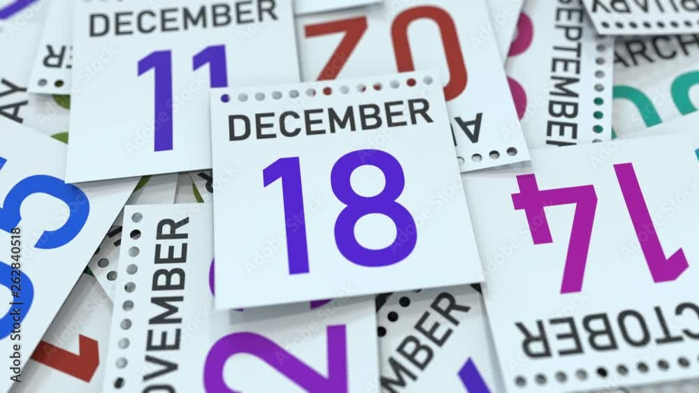December 18 date on emphasized calendar page, 3D animation