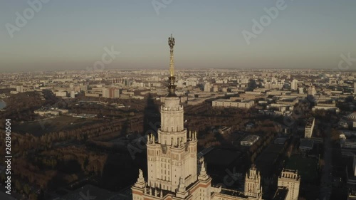 Aerial footage of stalins ussr skysraper in Moscow center. Spring. Sunset. HEVC/H.265, D-Cinelike, Dlog-M, photo