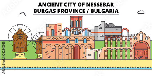 Bulgaria , Burgas, Nessebar  , flat landmarks vector illustration. Bulgaria , Burgas, Nessebar   line city with famous travel sights, design skyline.  photo