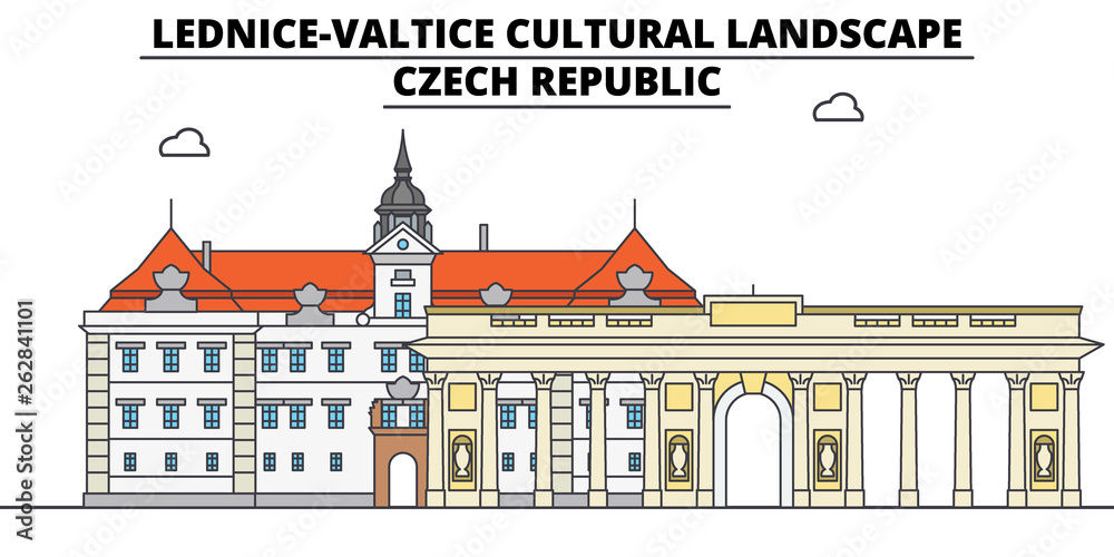 Obraz Czech Republic , Lednice , Valtice , flat landmarks vector illustration. Czech Republic , Lednice , Valtice line city with famous travel sights, design skyline.