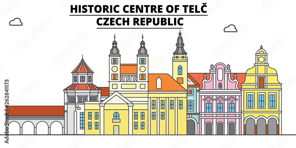 Obraz Czech Republic , Telc, flat landmarks vector illustration. Czech Republic , Telc line city with famous travel sights, design skyline.