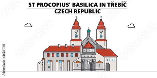 Czech Republic , Trebic, St Procopius Basilica, flat landmarks vector illustration. Czech Republic , Trebic, St Procopius Basilica line city with famous travel sights, design skyline. 