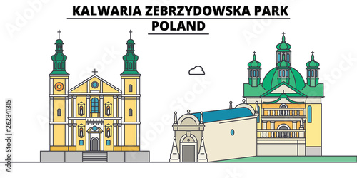 Poland , Kalwaria Zebrzydowska Park, flat landmarks vector illustration. Poland , Kalwaria Zebrzydowska Park line city with famous travel sights, design skyline.  photo
