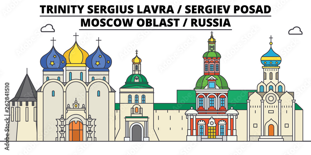 Obraz Russia , Sergiev Posad, Lavra, flat landmarks vector illustration. Russia , Sergiev Posad, Lavra line city with famous travel sights, design skyline.